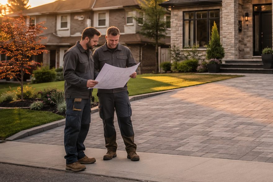 Two tradespeople standing on a driveway working through a set of project drawings together.
