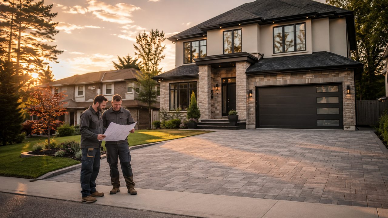Two contractors reviewing project drawings on the driveway of a finished two-storey home at sunset.