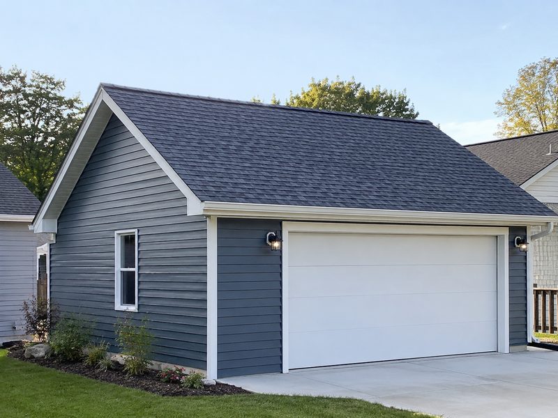 Detached two-car garage with a newly shingled roof, white fascia and blue-grey siding.