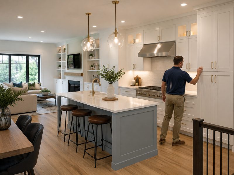 Open-plan kitchen renovation with white cabinetry, brass fittings and a grey island with bar stools.