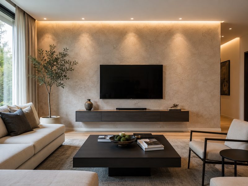 Living room with a softly textured pale feature wall, cove lighting above and a low dark media unit beneath a television.