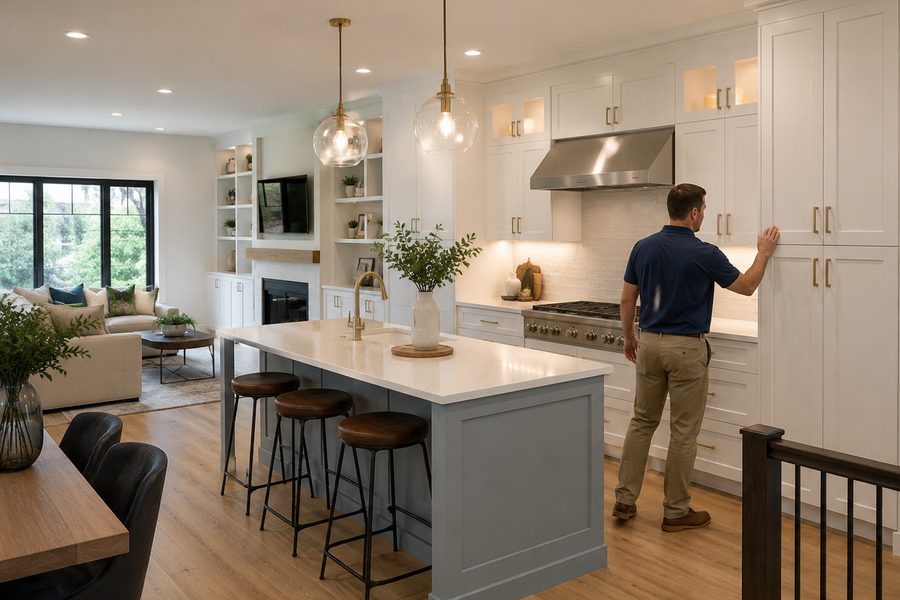 Renovated open-plan kitchen with white shaker cabinetry, a grey island and a tradesperson checking the cabinet doors.