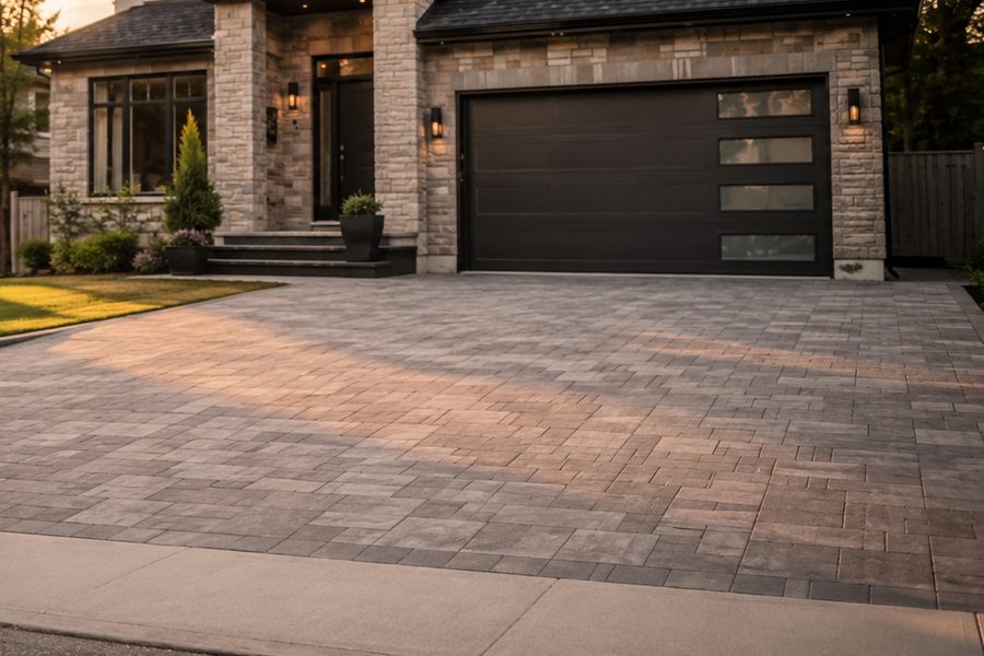 Interlocking paver driveway and planted beds running up to the garage of a finished home.